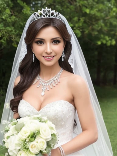 Lebanese lady, earrings, necklace, bracelets, diamonds, 40 years old, strapless wedding dress, tiara and veil, bouquet, western style wedding, bright colors, smokey eyes, red lips, glossy lips, cleavages, small chest, doll lashes, blushing, happy, eyeshadow, smiling