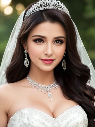 Lebanese lady, earrings, necklace, bracelets, diamonds, 40 years old, strapless wedding dress, tiara and veil, bouquet, western style wedding, bright colors, smokey eyes, red lips, glossy lips, cleavages, small chest, doll lashes, blushing, happy, eyeshadow, smiling