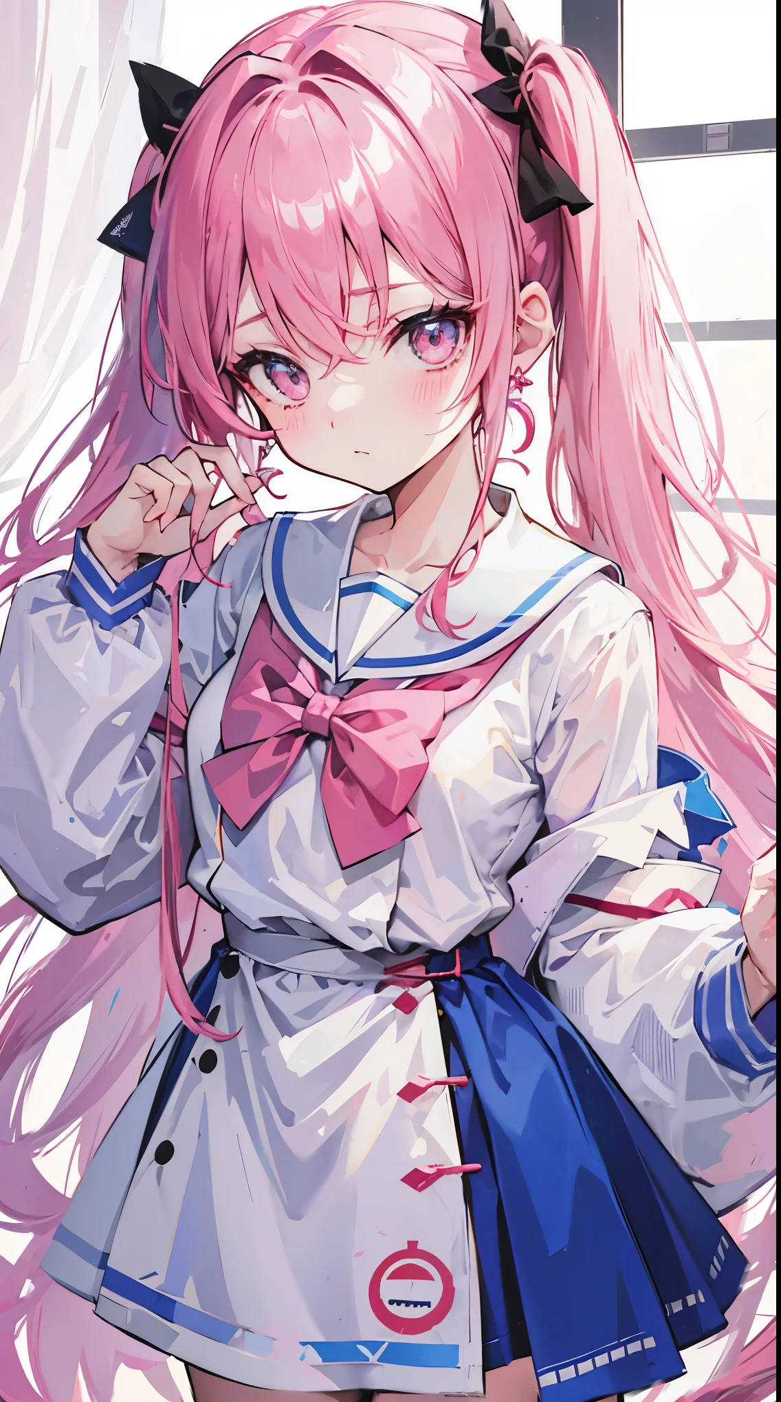 light blue long hair，deep red pink eyes，The hair is tied up with two pink hairbands，Short double ponytail，Qi bangs，There are two long hair curtains on both sides，Wearing a white sailor school uniform，grey short skirt，Iron earrings worn by bad girlangs pulled up with a hairpin，The sleeves are long，Fresh atmosphere，Warm color palette，The eyes have God，to emphasize，tmasterpiece，blush blush，Expressionless，Open your mouth slightly