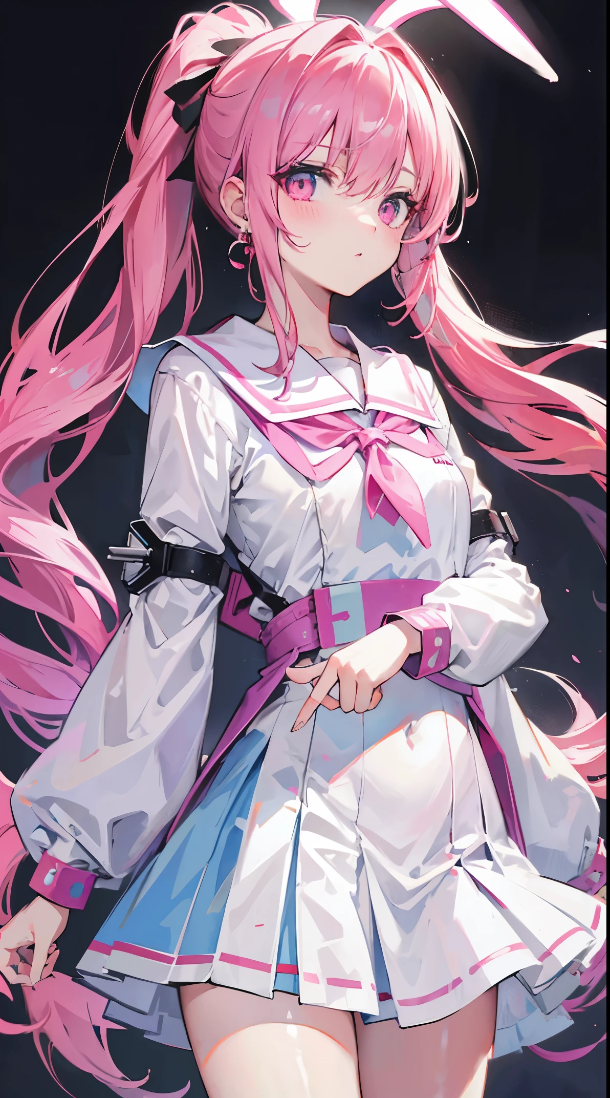 light blue long hair,deep red pink eyes,The hair is tied up with two pink hairbands,Short double ponytail,Qi bangs,There are two long hair curtains on both sides,Wearing a white sailor school uniform,grey short skirt,Iron earrings worn by bad girlangs pulled up with a hairpin,The sleeves are long,Fresh atmosphere,Warm color palette,The eyes have God,to emphasize,tmasterpiece,blush blush,Expressionless,Open your mouth slightly