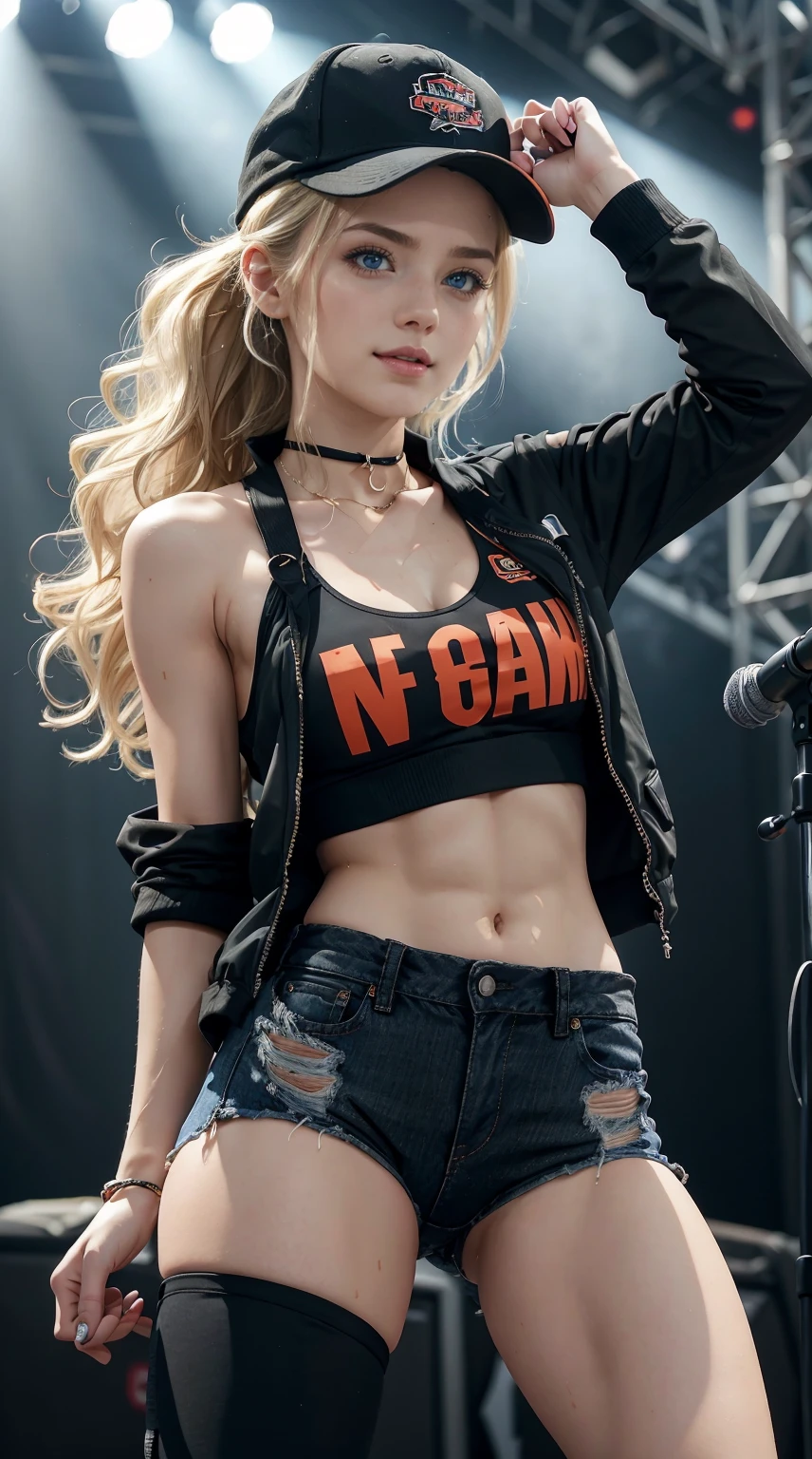 A 23-year-old white woman with unparalleled beauty.、blue eyess、dark blonde、hair is wavy、Longhaire、The ends of the hair are curled upwards、Singing passionately on stage at a music festival venue, dripping with sweat as he grips a microphone stand.、a smile、View from the front、She is wearing a black sports bra made by a sports manufacturer.、wearing a black choker、I'm wearing hot pants made of jeans fabric with tight distressing.、The navel is out、My abs are cracked、Slender yet well-proportioned muscular body、sunlight is shining from above、I'm punching my chest、I don't want my head to disappear from the screen.、The color of the jacket is random、I'm wrapping my jacket around my waist、I'm pulling my hair up、Wearing accessories on your wrist、Only one leg is wearing thigh-high orange stockings.、wearing a baseball cap、Has a wristband on his wrist