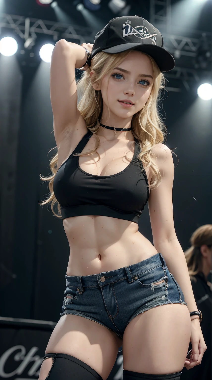 A 23-year-old white woman with unparalleled beauty.、blue eyess、dark blonde、hair is wavy、Longhaire、The ends of the hair are curled upwards、Singing passionately on stage at a music festival venue, dripping with sweat as he grips a microphone stand.、a smile、View from the front、She is wearing a black sports bra made by a sports manufacturer.、wearing a black choker、I&#39;m wearing hot pants made of jeans fabric with tight distressing.、The navel is out、My abs are cracked、Slender yet well-proportioned muscular body、sunlight is shining from above、I&#39;m punching my chest、I don&#39;t want my head to disappear from the screen.、The color of the jacket is random、I&#39;m wrapping my jacket around my waist、I'm pulling my hair up、Wearing accessories on your wrist、Only one leg is wearing thigh-high orange stockings.、wearing a baseball cap、Has a wristband on his wrist