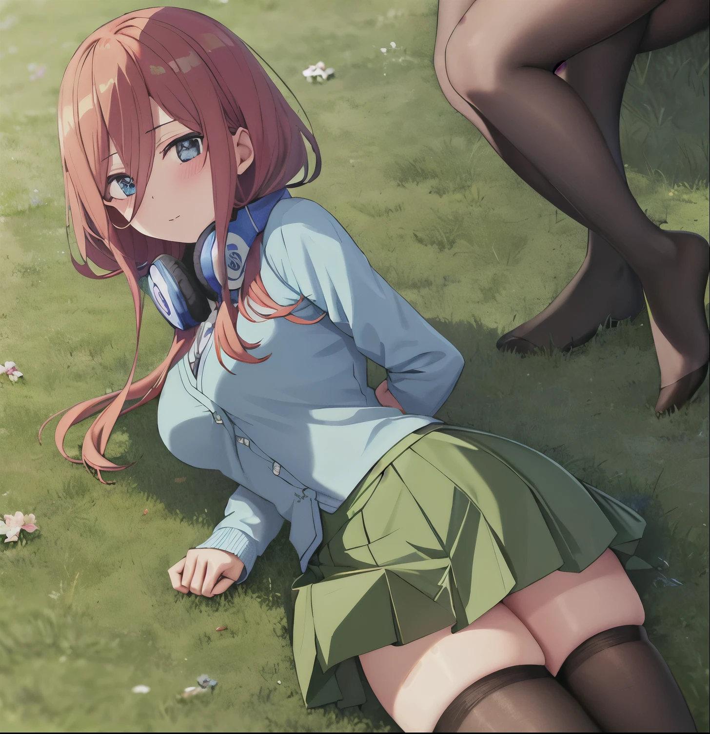 masterpiece, best quality, high resolution, 1girl, alone, Miku nakano, nm1, headphones around the neck, school uniform, long sleeves, blue cardigan, green skirt, black pantyhose, up skirt, cowboy shot, field, wariza, breasts large, medium waist, medium hips, wide thighs