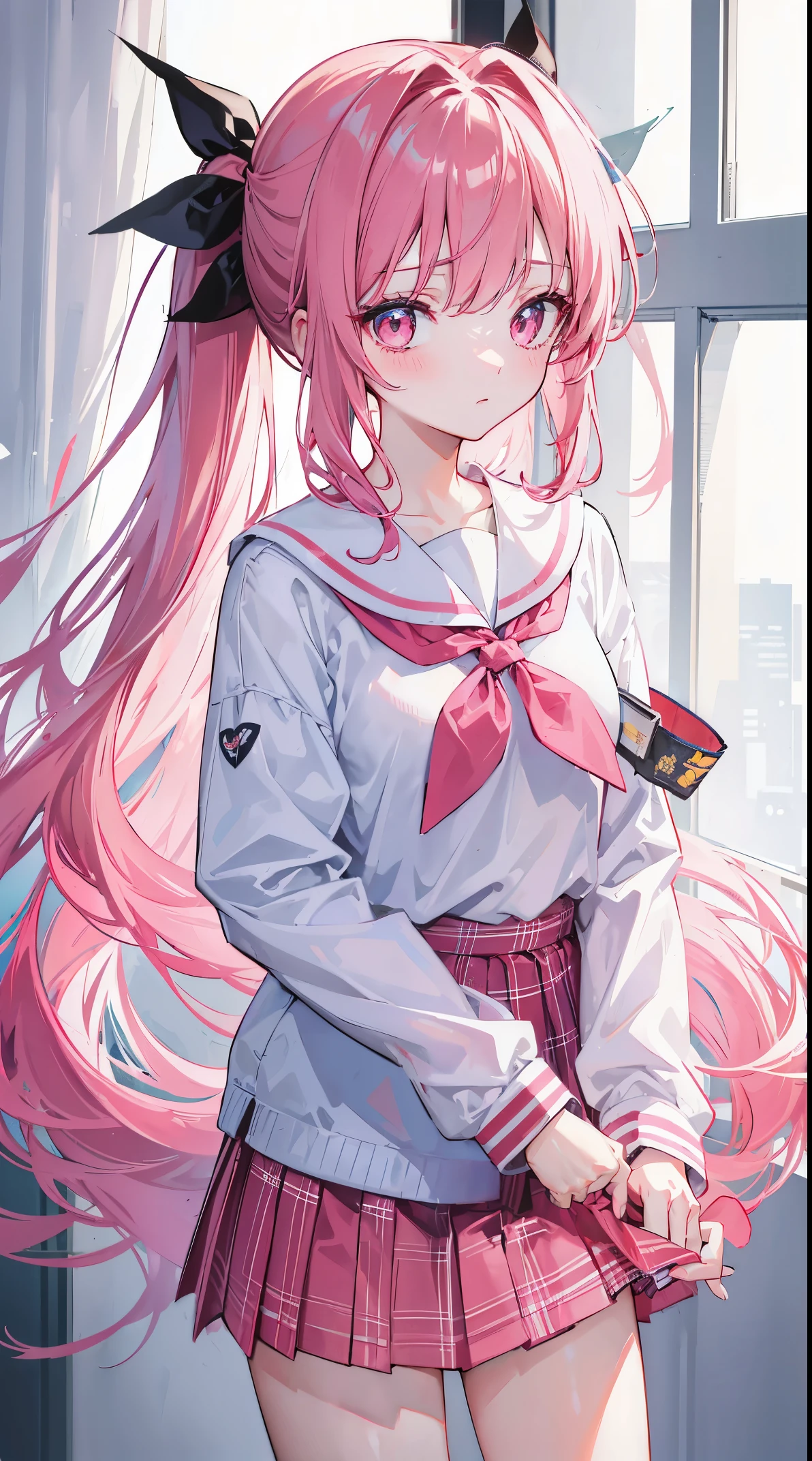 light blue long hair，deep red pink eyes，The hair is tied up with two pink hairbands，Short double ponytail，Qi bangs，There are two long hair curtains on both sides，Wearing a white sailor school uniform，short  skirt，Bangs pulled up with a hairpin，The sleeves are long，Fresh atmosphere，Warm color palette，The eyes have God，to emphasize，tmasterpiece，blush blush，Expressionless，Open your mouth slightly，plaid skirts