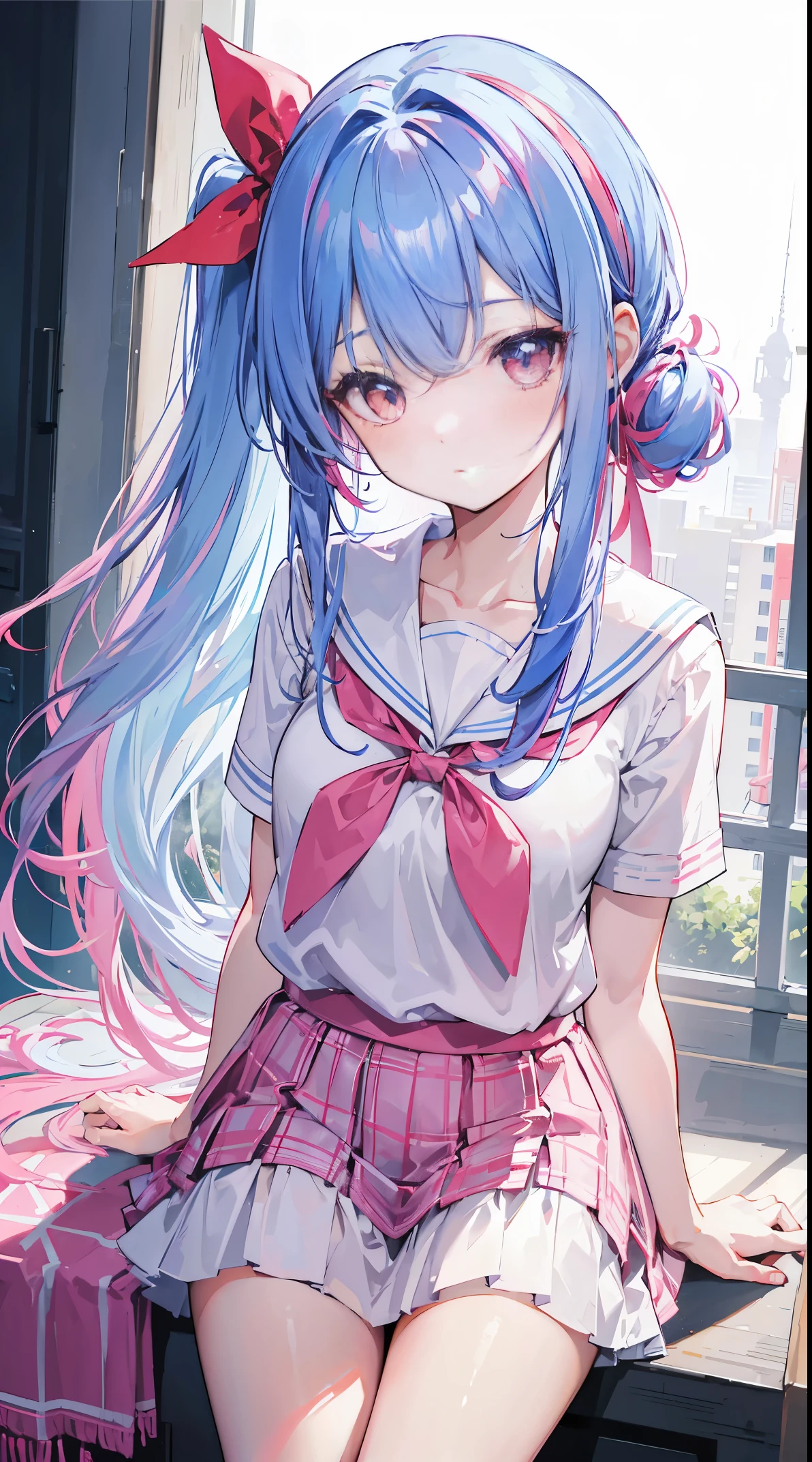 light blue long hair,deep red pink eyes,The hair is tied up with two pink hairbands,Short double ponytail,Qi bangs,There are two long hair curtains on both sides,Wearing a white sailor school uniform,short skirt,Bangs pulled up with a hairpin,The sleeves are long,Fresh atmosphere,Warm color palette,The eyes have God,to emphasize,tmasterpiece,blush blush,Expressionless,Open your mouth slightly,plaid skirts