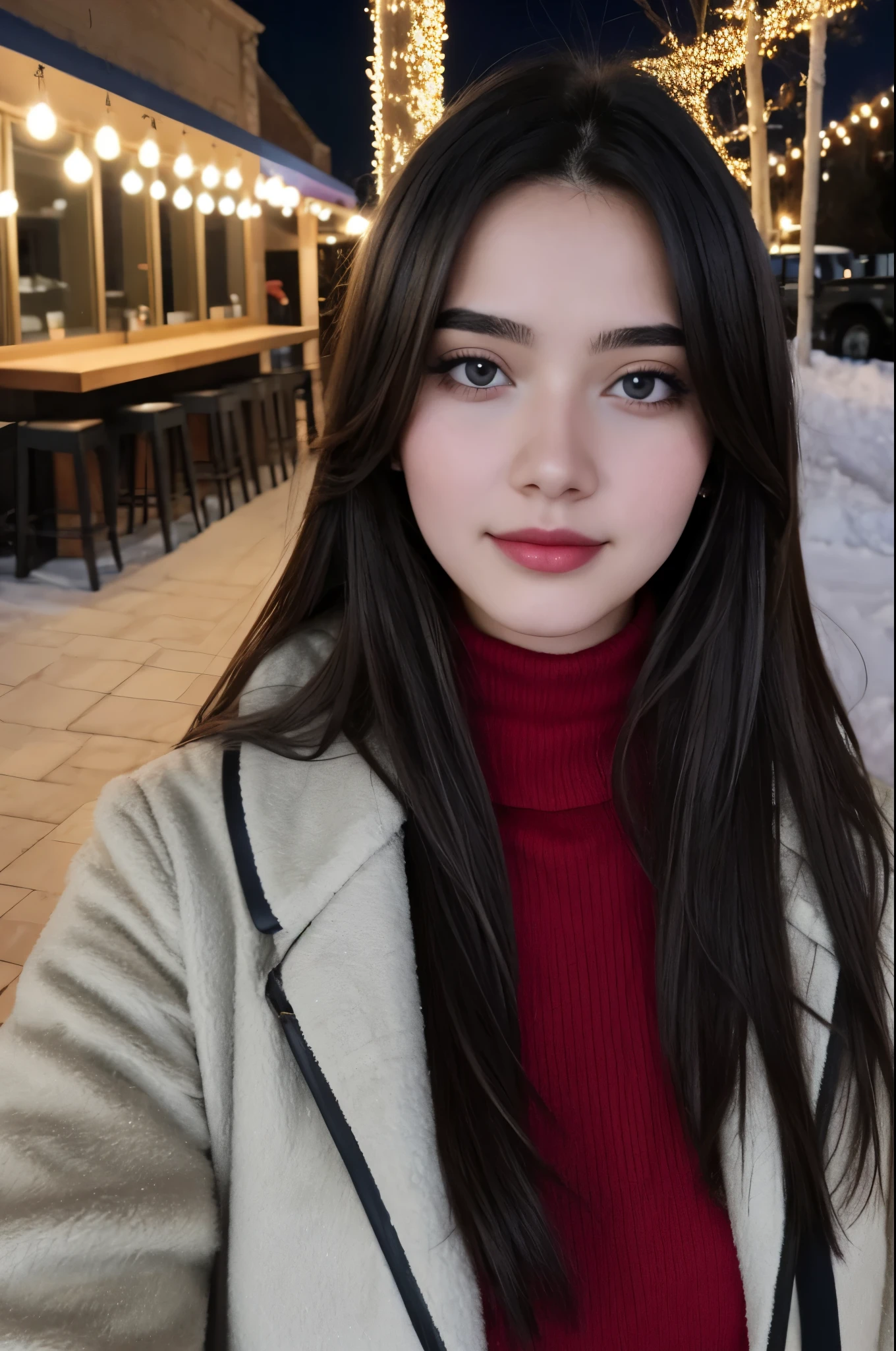 real selfie 20yo girl, perfect face, in night, going for clubbing in red and white winter outfit, cafe lights in background