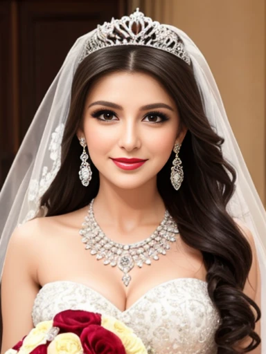 Lebanese lady, earrings, necklace, bracelets, diamonds, 40 years old, strapless wedding dress, tiara and veil, bouquet, western style wedding, bright colors, smokey eyes, red lips, glossy lips, cleavages, small chest, doll lashes, blushing, happy, eyeshadow, smiling