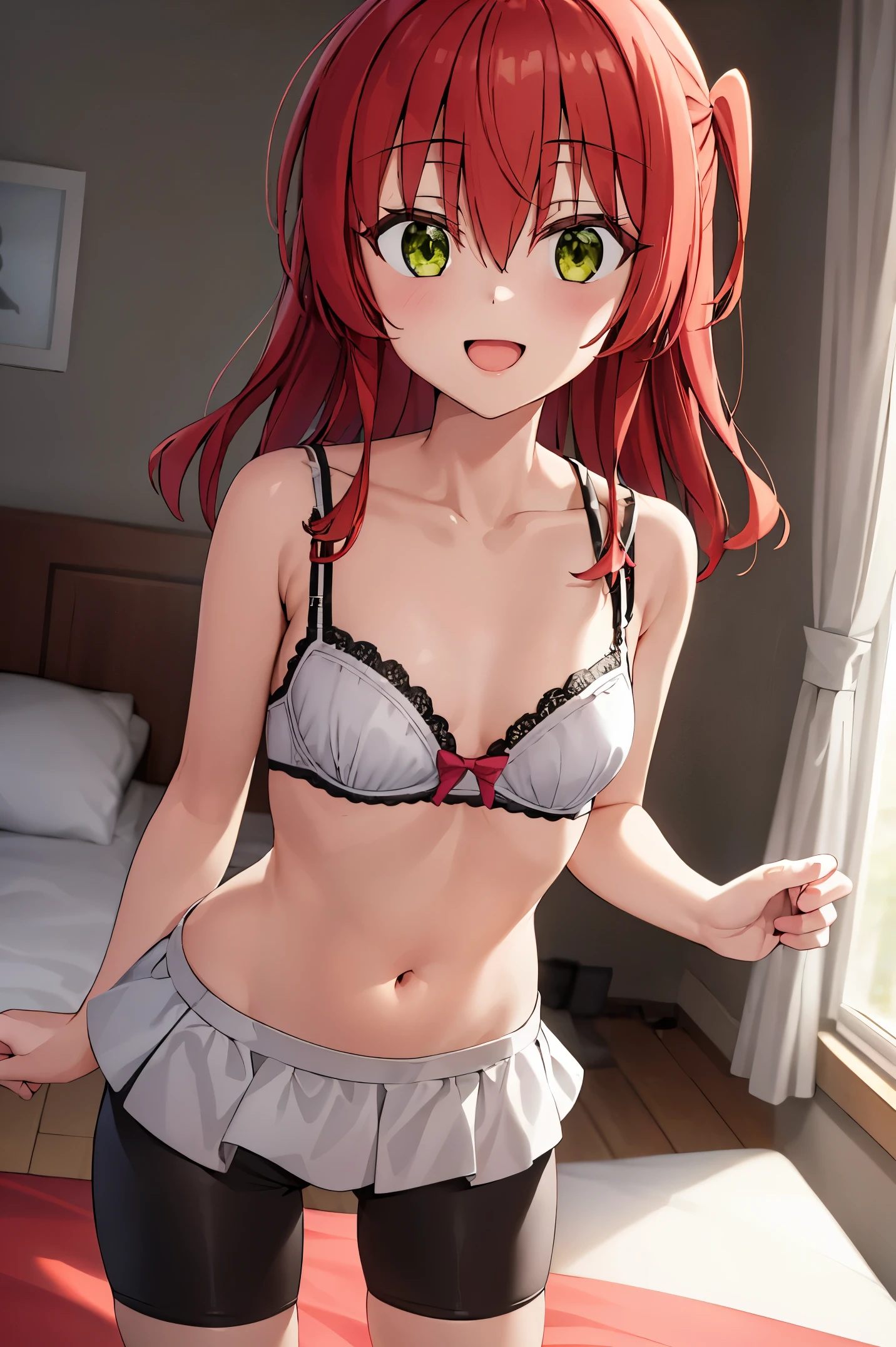 1 girl, best quality, ultra high res, long hair, red hair, green eyes, looking at viewers, small breast, standing, pov, slim body, body, small body, smile, open mouth, bra, white bra, bike shorts, bedroom, white bed sheets,