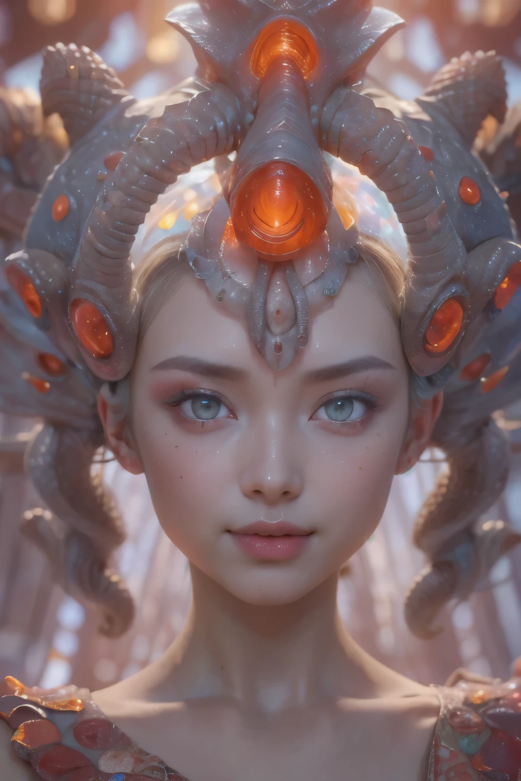 Portrait, (beautiful female alien:1.2), (There is a female genital-like organ in the middle of the forehead..:1.8), (The most beautiful face in the history of the universe:1.2), (scarlet eyes:1.6), (Translucent skin:1.8), an evil gaze that seduces , (red eyes:1.5), Full body like, (sexypose:1.5), alien, No humans, cells are fused, (Lots of translucent tentacles:1.1) (Translucent skin:1.3), extraterrestrial, cell, bio image, 魅惑的, Best Quality, 8K,4K_quality, High Definition, Dramatic Lighting, masutepiece:1.5,cinematic quality, detail up, (Intricate details:1.2), High resolution, High Definition, drawing faithfully, (Thick eyebrows:1.2), Beautiful eyes with fine symmetry, (Ultra detailed eyes:1.2),(Highly detailed face and eyes:1.2), (High-resolution red-eye:1.4), Intimate face, (Super detailed skin quality feeling:1.4), Perfect Anatomy, (Beautiful toned body:1.5), (Moist skin:1.2), No makeup, (dark circles:1.1), long canines, cinematic drawing of characters, ultra high quality model, cinematic quality, detail up, (Intricate details:1.2), High resolution, High Definition, drawing faithfully, Official art, Unity 8K wall , 8K Portrait, Best Quality, Very High resolution, ultra detailed artistic photography, midnight aura, unreal enginee 5, Ultra Sharp Focus, art by alberto seveso, ArtGerm, Roisch, intricate artwork, Medusa, best quality, masutepiece, ultra High resolution, (photos realistic:1.4), Ultra-realistic realism, dream-like, nautilus, Creation of fantasy, Snail, Dream Snail, biopunk nautilus, Thrilling color schemes, Ultra-realistic realism, seductively smiling, Blue tentacles