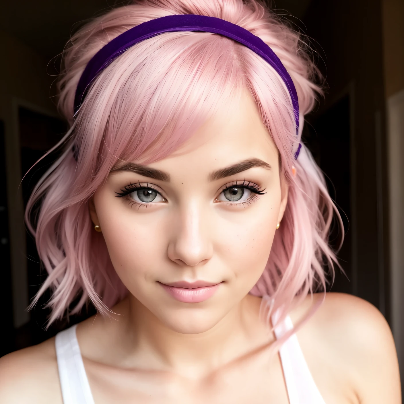 CLOSE-UP, RAW,full body, beautiful woman face, pink hair, purple eyes, cute, headband,