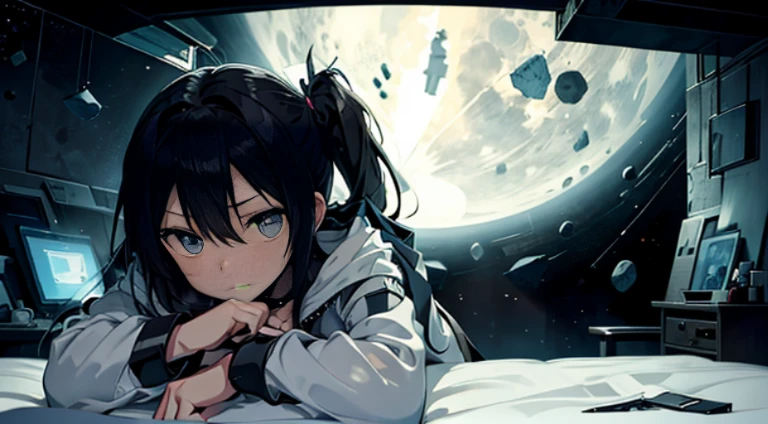 Mato Kuroi from black rock shooter on a bed in a bedroom, space, space ship, bed, bedroom, futuristic, moon,