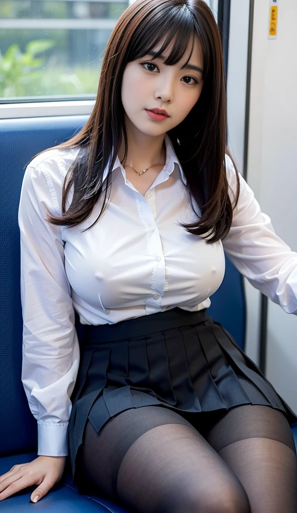 1 woman, thighs, sitting on train, school uniform, realistic, raw photo, white shirt, pleated skirt, black short socks, roafer, medium hair, bangs, looking at viewer, best quality, large breast, pantyhose