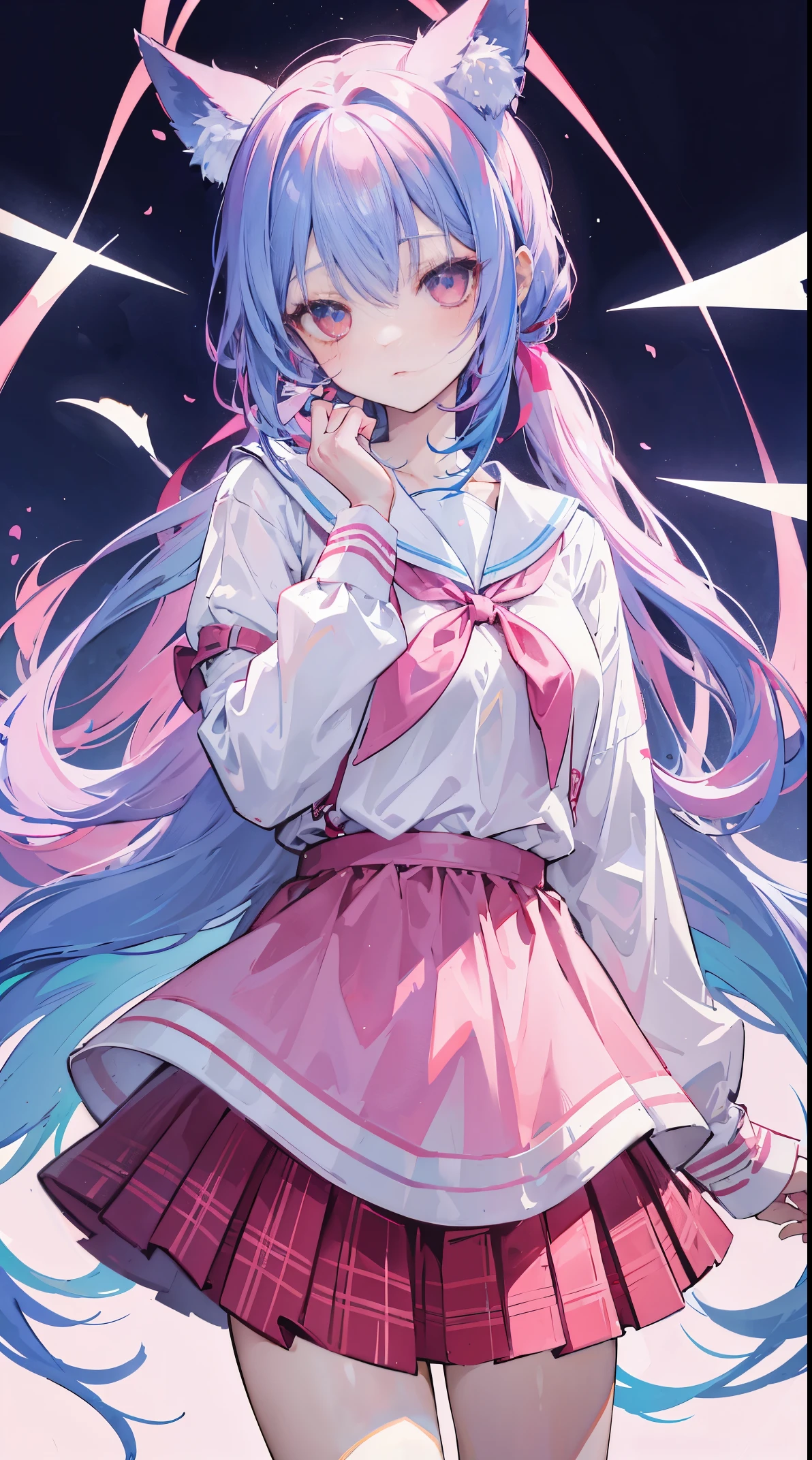 light blue long hair，deep red pink eyes，The hair is tied up with two pink hairbands，Short double ponytail，Qi bangs，There are two long hair curtains on both sides，Wearing a white sailor school uniform，short  skirt，Bangs pulled up with a hairpin，The sleeves are long，Fresh atmosphere，Warm color palette，The eyes have God，to emphasize，tmasterpiece，blush blush，Expressionless，Open your mouth slightly，plaid skirts