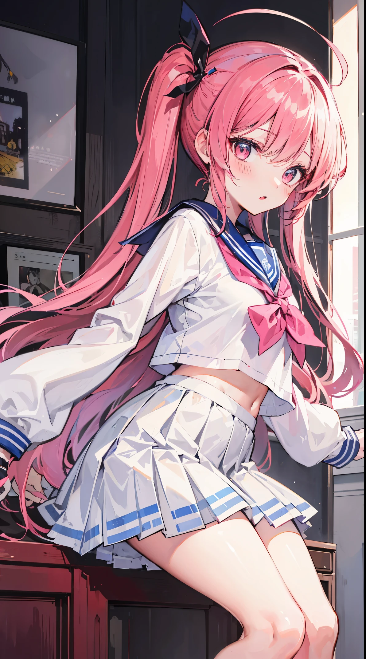 light blue long hair，deep red pink eyes，Hair tied up with two pink hairbands，Short double ponytail，Qi bangs，There are two long hair curtains on both sides，Wearing a white sailor uniform，short  skirt，Pull up bangs with hairpins，The sleeves are long，Fresh atmosphere，warm color palette，The eyes have God，to emphasize，tmasterpiece，blush blush，face expressionless，Open your mouth slightly