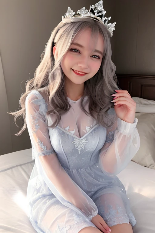 Snow Queen, on the bed, smile, see-through dress
