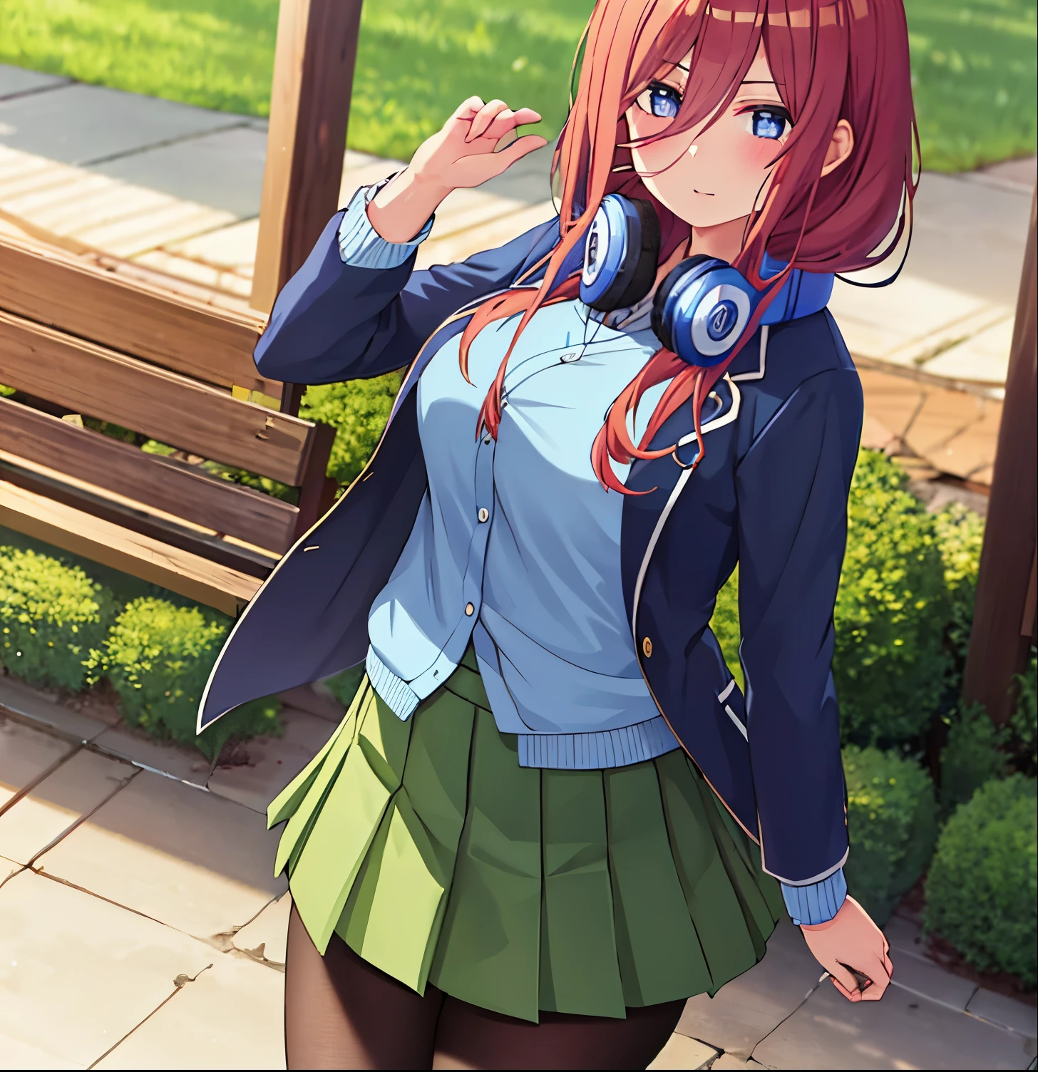 masterpiece, best quality, high resolution, 1girl, alone, Miku nakano, nm1, headphones around the neck, school uniform, long sleeves, blue cardigan, green skirt, black pantyhose, up skirt, cowboy shot, field, wariza, breasts large, medium waist, medium hips, wide thighs