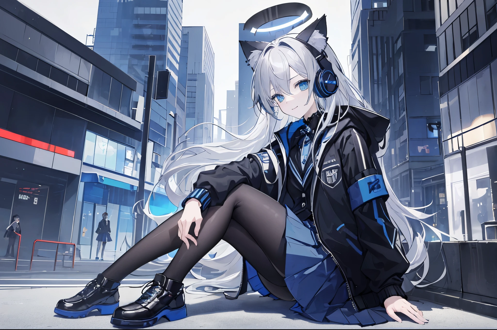 Full body like, ((Best quality at best)), ((tmasterpiece)), (Detailed pubic hair), s the perfect face, solo person, schoolgirls, Trendy style, Long silver-gray hair, Long hair shoulder length, Futuristic halo on head, (sat on the ground), Face the lens, (M open legs:1.1), futuristic clothing, Mechanical, ((Dark blue skirt with bright blue lace)), ((Black jacket with blue stripes)), JK skirt, With cat ear headphones on the head, ssmile, The background is the city street