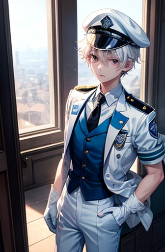 1boy, skinny, fragile figure, short white fluffy hair, pink eyes, police uniform, blue jacket, white shirt, dark blue tie, green armband, blue trousers, white gloves, black berets, police cap