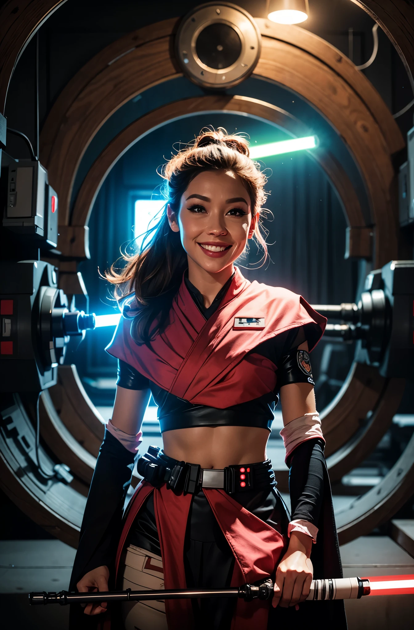 pink, Jedi uniform, volumetric lighting, good lighting on face, detail eyes, poster theme art, smile, 8k cinematic, holding light saber