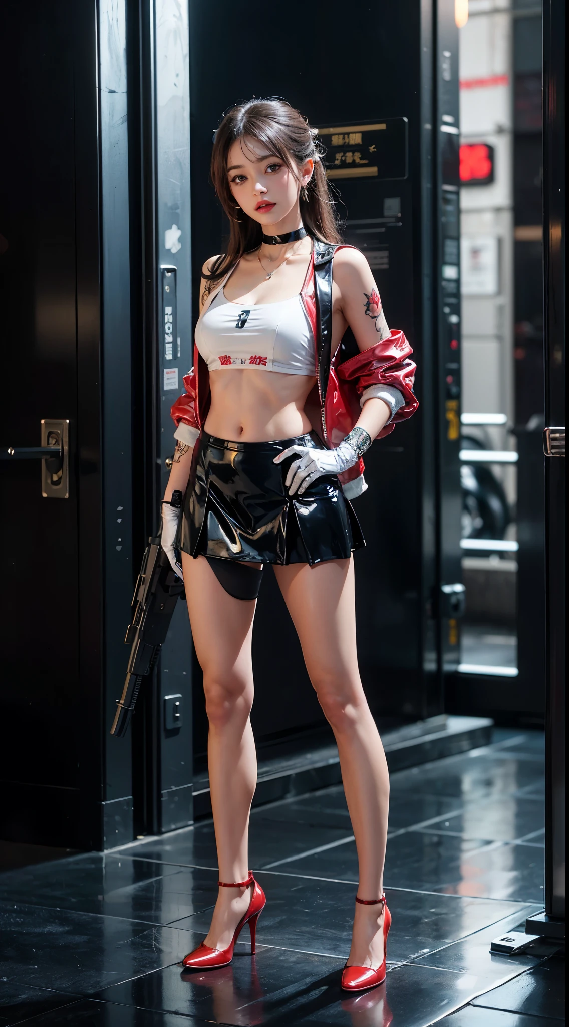 ((masterpiece:1.4)、(top-quality:1.4)、(reallistic:1.7))、masuter piece:1.4、(Top-of-the-line rendering:1.4)、(Female SWAT member of the 73rd Division of the Space Federation:1.4)、Super beauty捜査官、(By Luis Royo:1.4)、(hold a gun:1.2)、Body Fit Sexy Uniform、(Glossy luxury latex:1.4)、(Navy blue sleeveless uniform jacket)、(Underwear White Sexy Super Ultra Bikini)、(Luxury Red Latex:1.4)、(Red pleated mini skirt:1.4)、22year old、(Cute tattoos:1.4)、(Wearing white gloves)、Kawaii Girl、Super beauty、foco nítido、Portrait photos、(Perfect female body:1.4)、perfectly proportions、Upper body photography:1.4、美丽的面容、Fearless look、beautidful eyes、Narrow waist、beauty legs、(length hair:1.2)、Beautiful udder、large full breasts:1.2、Sexy ass、(Standing facing the front:1.4)、Raw photo、red-lips、Red high heels:1.4、a choker:1.4、a necklace:1.4、耳环:1.4、1 screen display、Beautiful night view of Cyberpunk City:1.2