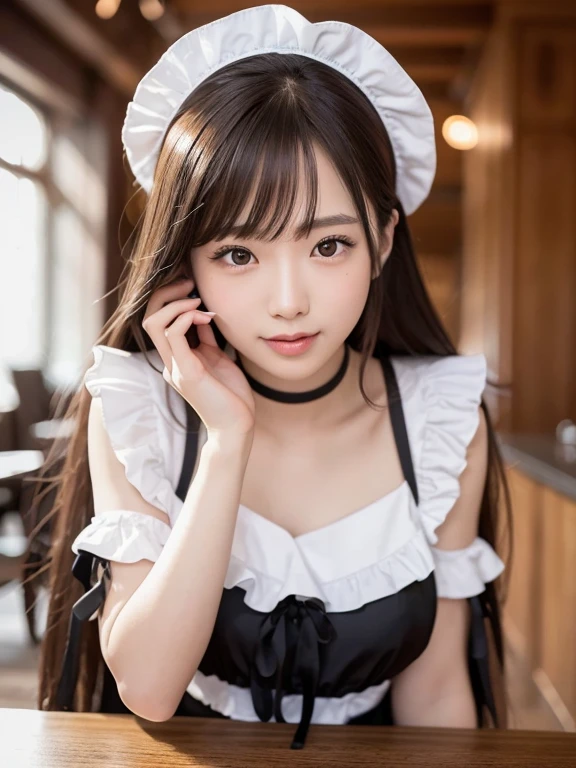 masterpiece, 1 girl per 1 photo, upper body shot, directly front view, a Japanese young pretty woman, wearing a short sleeve satin silky black cute maid costume in the cafe with a big smile, wearing a white frilled headband, a white frilled apron, a black choker, glamorous figure, hyper cute face, glossy lips, sweaty body, double eyelids in both eyes, Natural makeup, long eyelashes, shiny smooth light brown hair of long bob hair, asymmetrical bangs, tanned skin, central image, 8K resolution, high detail, detailed hairstyle, Detailed Face, spectacular cinematic lighting, octane rendering, vibrant, hyper realistic, perfect limbs, perfect anatomy