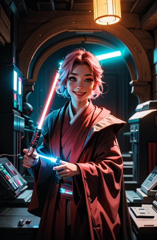 pink, sith robe, volumetric lighting, good lighting on face, detail eyes, poster theme art, smile, 8k cinematic, holding light saber