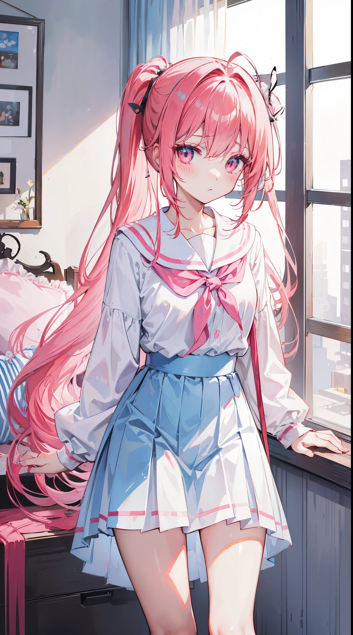 light blue long hair，deep red pink eyes，The hair is tied up with two pink hairbands，Short double ponytail，Qi bangs，There are two long hair curtains on both sides，Wearing a white sailor school uniform，short  skirt，Bangs pulled up with a hairpin，The sleeves are long，Fresh atmosphere，Warm color palette，The eyes have God，to emphasize，tmasterpiece，blush blush，Expressionless，Open your mouth slightly