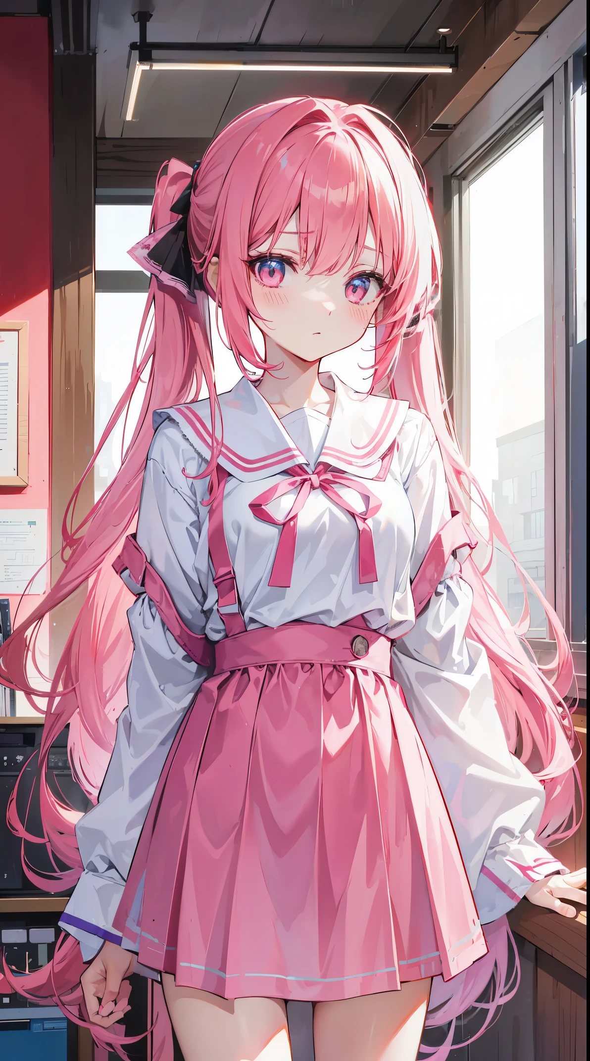light blue long hair，deep red pink eyes，The hair is tied up with two pink hairbands，Short double ponytail，Qi bangs，There are two long hair curtains on both sides，Wearing a white sailor school uniform，short  skirt，Bangs pulled up with a hairpin，The sleeves are long，Fresh atmosphere，Warm color palette，The eyes have God，to emphasize，tmasterpiece，blush blush，Expressionless，Open your mouth slightly