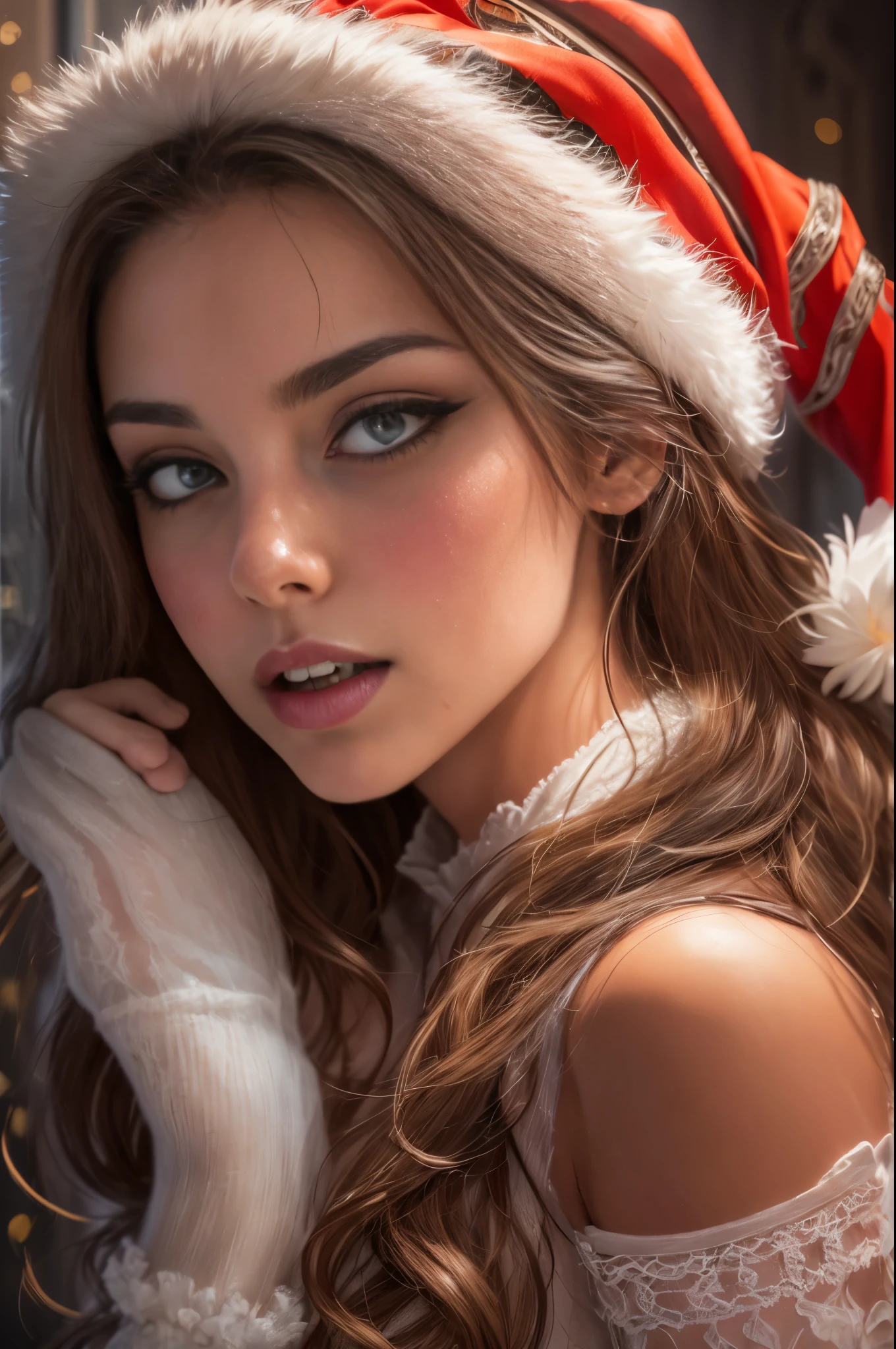 (best quality, realistic),Lora Perfect Girl A, ultra-detailed, vivid colors, professional, HDR, portrait, fine art, digital painting, studio lighting, beautiful detailed eyes, beautiful detailed lips, Santa hat, sexy, confident expression, long brown hair, flawless complexion, elegant pose, white lace lingerie, subtle makeup, alluring gaze, festive atmosphere.