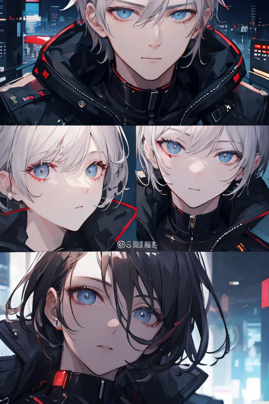 tmasterpiece, Best quality, Mature and indifferent man , nightcity, Sateen, black cloaths, Detailed faces detailed eyes, looking at viewert, Cyberpunk detailed depiction。High quality 8K