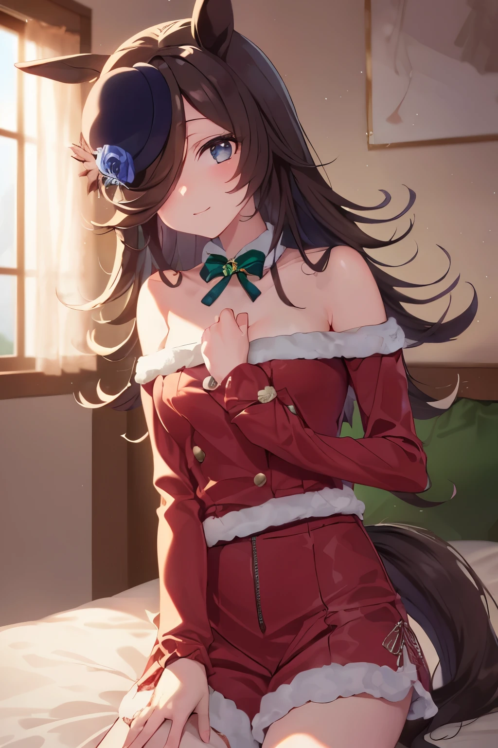 (masutepiece.top-quality).(Dynamic Angle). (Very spectacular detail CG painting),(image perfect)、comic strip.Illustration.one breasted girl.Detailed face、face perfect.delicated face、Bedrooms、A girl with small breasts cosplaying a Santa costume、((繊細なChristmas衣装を着た胸の小さな女の子))、Textured skin、black hair is long hair、(Horse-eared girl)Horse-eared girl、((Beautiful blue eyes)).Delicate and beautiful eyes、Eyes written in detail、Reflected eyes、smil.(gazing at viewer:1.3).(A little red in the face:0.8)、8k wallpaper、cowboy shot、Reflected Light、highestdetailed、Convoluted、Delicate background、Textured skin、Detailed skin、(ultra res)、(Christmas衣装)、((Christmas))、Bedrooms