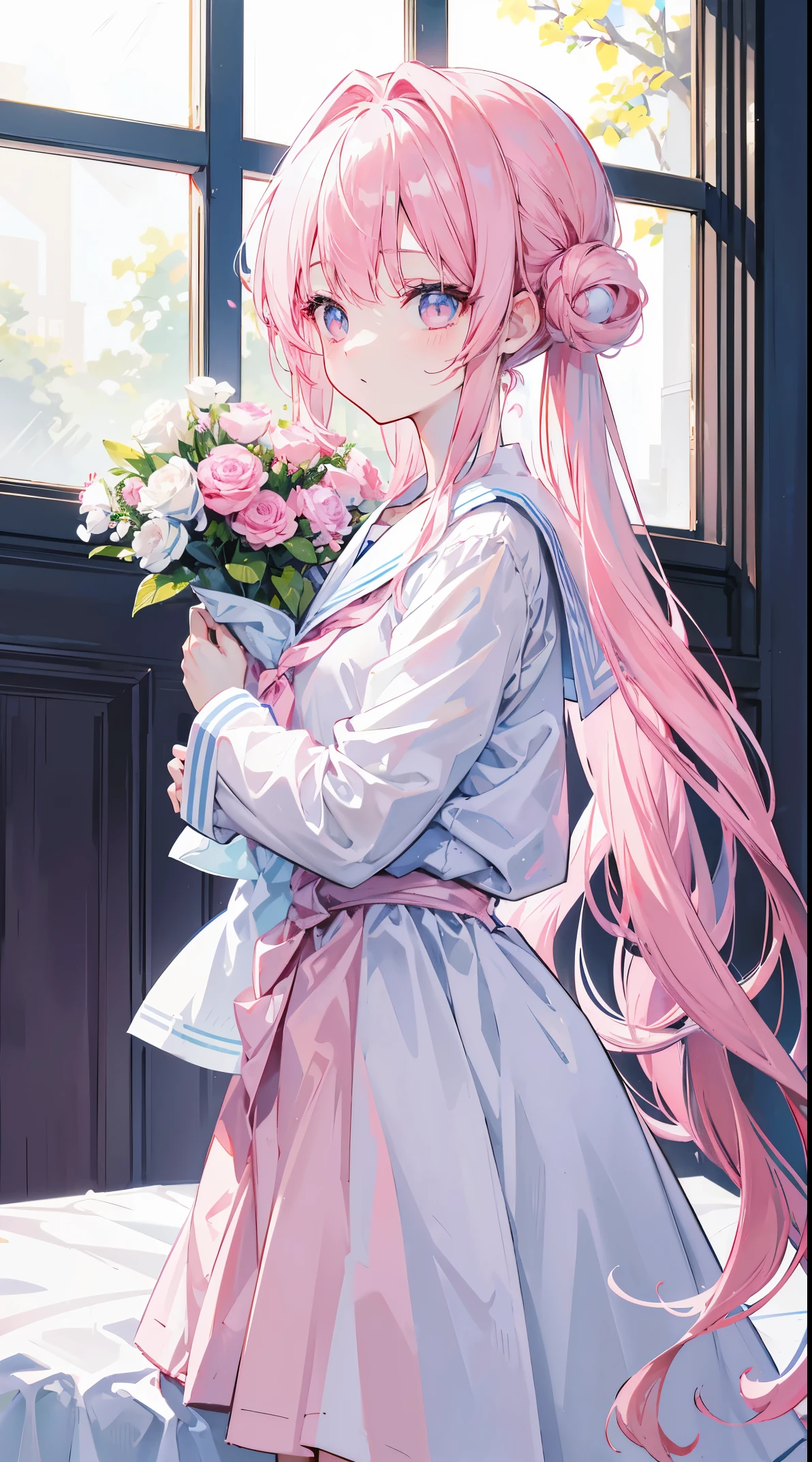 light blue long hair,,Pale pink eyes,hair tied to chest,Two pink hair ribbons,Tie hair to waist,Often wears sailor uniform,and a girl in pink plush slippers,issuance,The hair is a little upturned,Holding a little white rabbit doll in my arms,The uniform is a little bigger,sitted,Side view,k hd,There is a vase on the table,A flower in a vase,There is a window behind yoays of sunshine