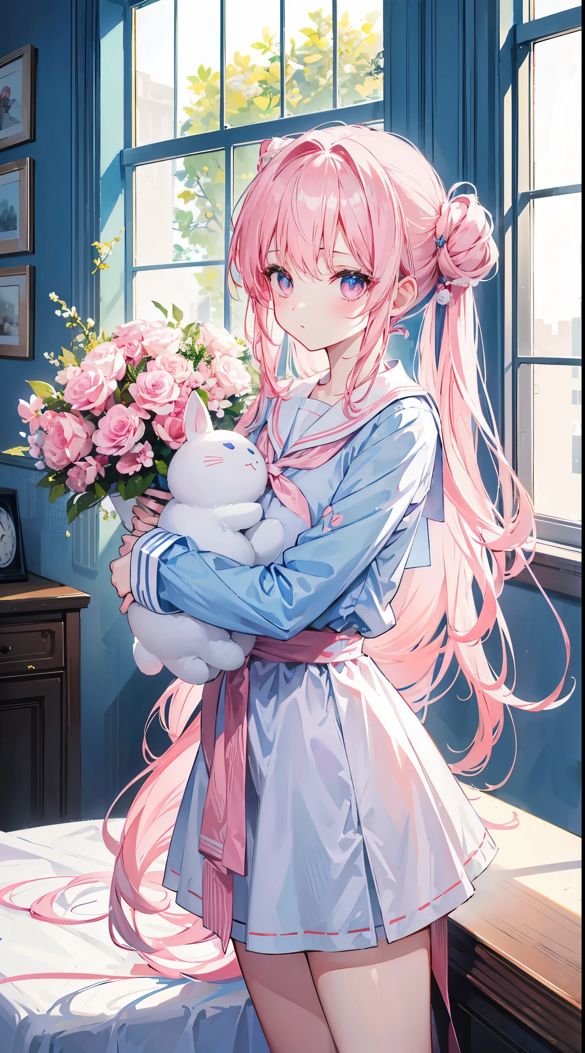 light blue long hair，，Pale pink eyes，hair tied to chest，Two pink hair ribbons，Tie hair to waist，Often wears sailor uniform，and a girl in pink plush slippers，issuance，The hair is a little upturned，Holding a little white rabbit doll in my arms，The uniform is a little bigger，sitted，Side view，k hd，There is a vase on the table，A flower in a vase，There is a window behind yoays of sunshine