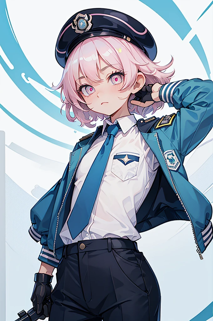 1boy, skinny, fragile figure, short white fluffy hair, pink eyes, police uniform, blue jacket, white shirt, dark blue tie, green armband, blue trousers, white gloves, black berets, police cap