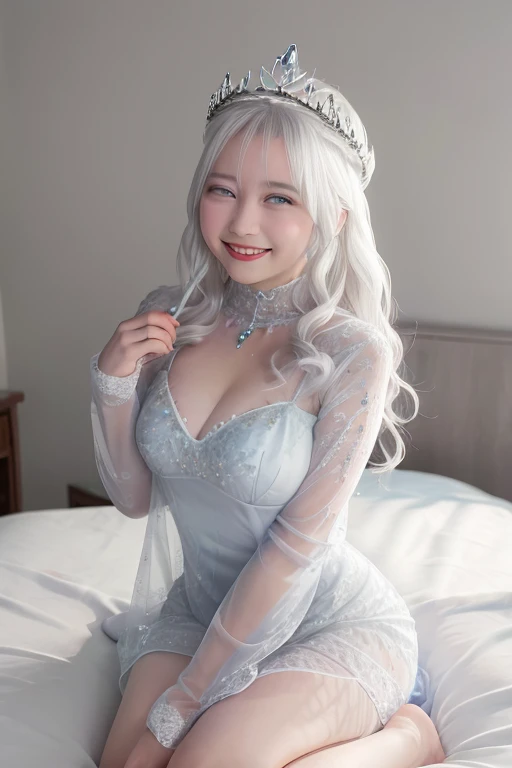 Snow Queen, on the bed, smile, see-through dress