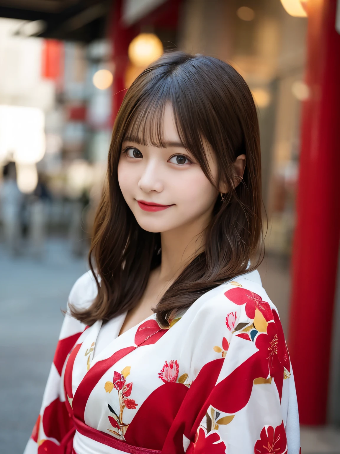 masutepiece, Best Quality, Illustration, Ultra-detailed, finely detail, hight resolution, 8K Wallpaper, Perfect dynamic composition, Beautiful detailed eyes, She wears a red kimono,Medium Hair,Natural Color Lip, Bold sexy poses,Smile,Harajuku、20 years girl、Cute、Sexy shot looking at camera、C Cup、Brown hair、cacique#39;s face、Blurred shrine background
