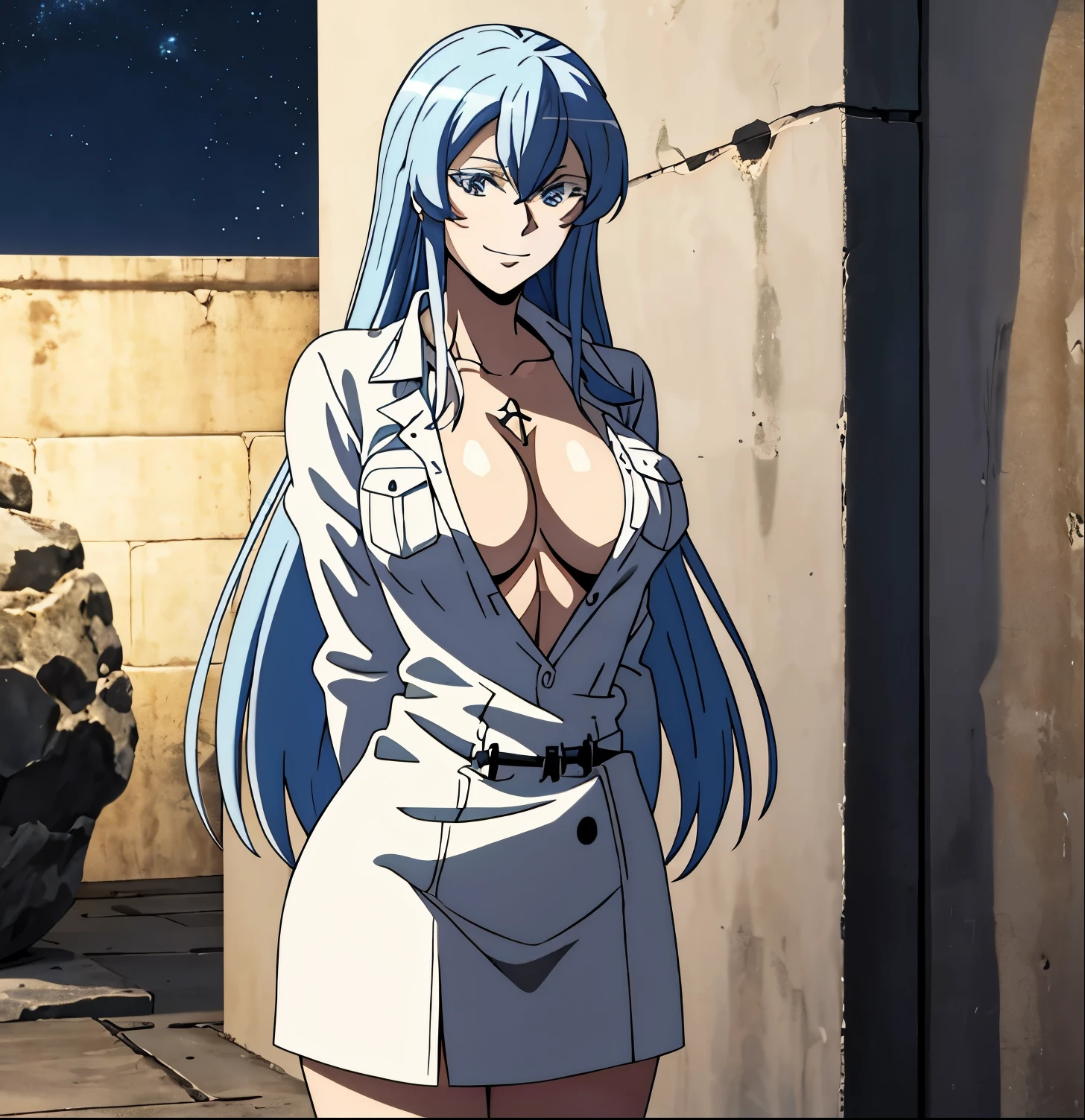 esdeath, looking at viewer, smile, large breasts, shirt, white background, open clothes, open shirt, dress shirt, no bra, arms behind back, naked shirt, beautiful detailed night sky, glow white particles, warm light from below, standing, cowboy shot,