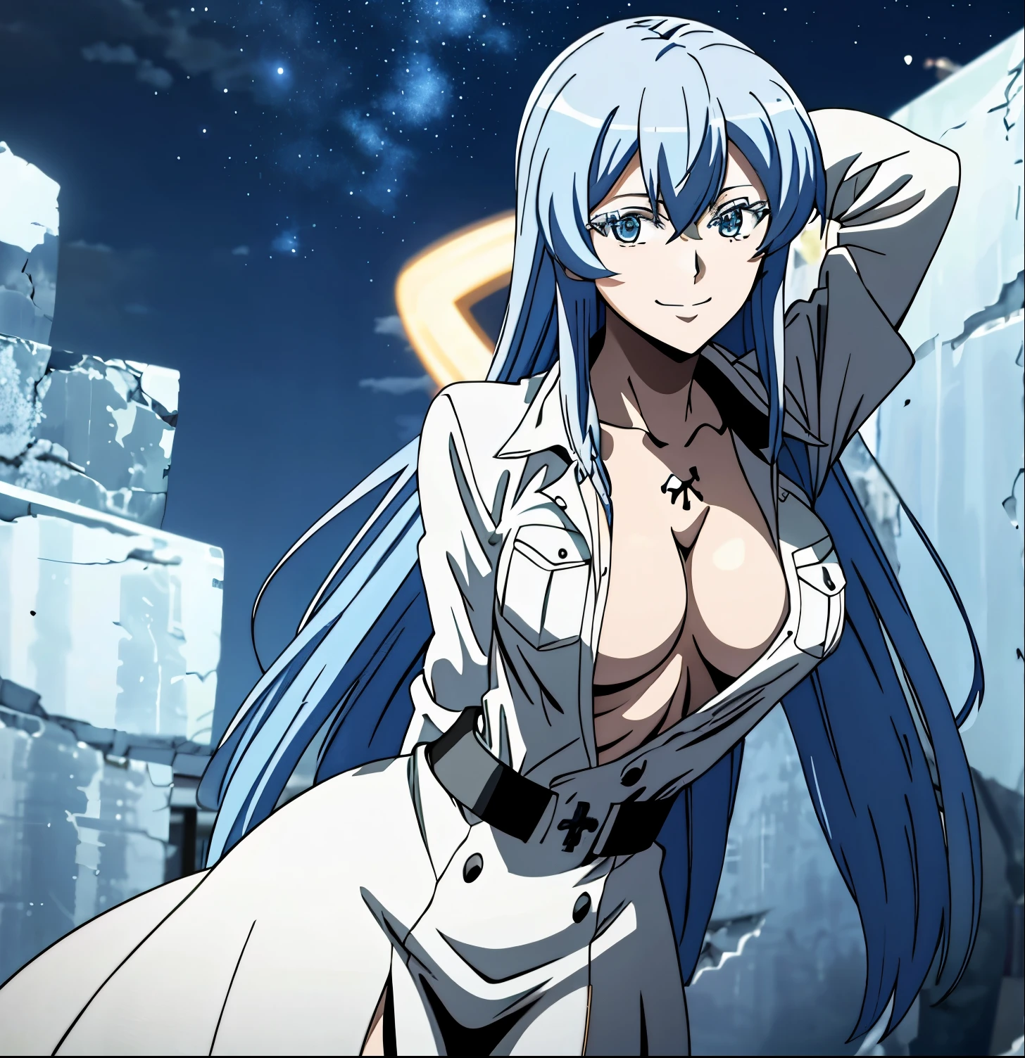 esdeath, looking at viewer, smile, large breasts, shirt, white background, open clothes, open shirt, dress shirt, no bra, arms behind back, naked shirt, beautiful detailed night sky, glow white particles, warm light from below, standing, cowboy shot,