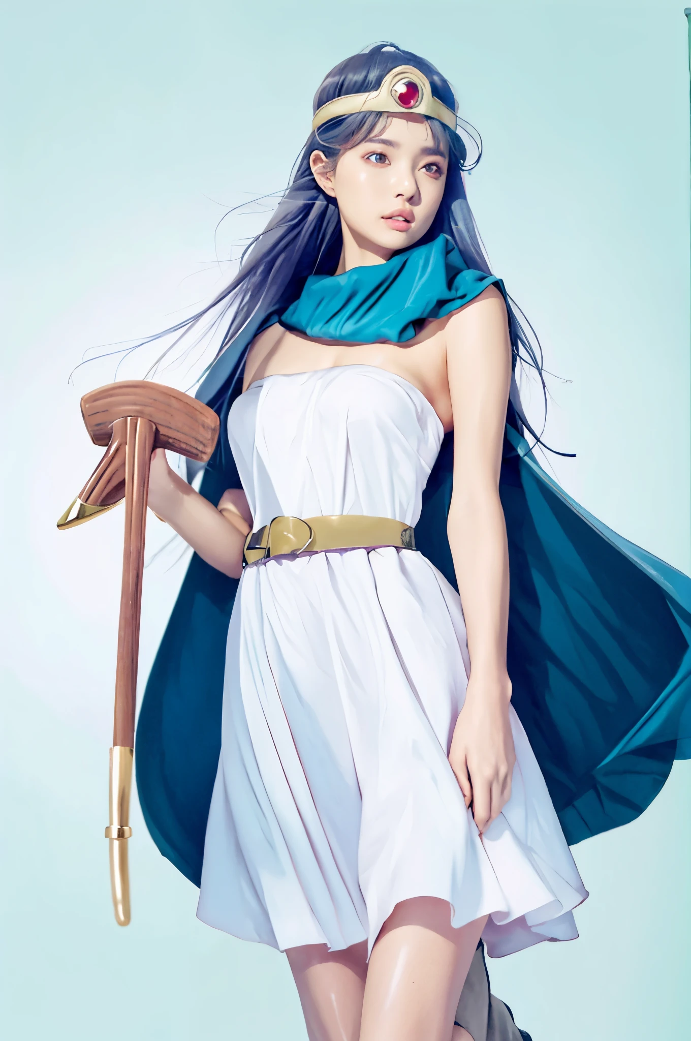 masutepiece, Best Quality, Ultra-detailed, Illustration, sage_(DQ3), 1girl in, (holding A staff, A staff:1.3), Solo, Long hair, Blue hair, circlet, Red Eyes, Normal udder, yellow gloves, White Dress, Belt bag, Cape, long boots, cleavage, Bare shoulders, Underwear,, Full body, tussock, wind lift,  Background, white Background