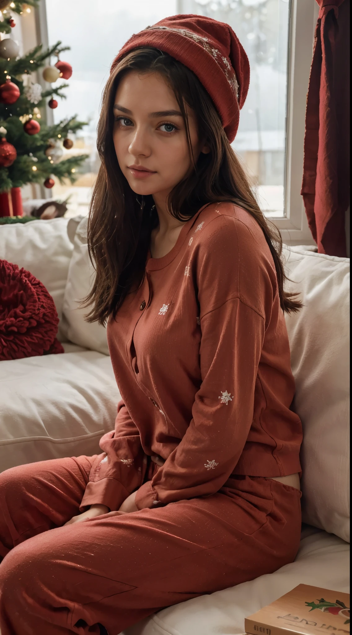Beautiful 24 year old girl, long dark hair, deep green eyes, seductive look, no makeup, natural beauty, hyperealistic skin texture, 8K from a red cinematography camera, next to the beach , "(8k, RAW photo, highest quality, masterpiece: 1.2), 24 years old ultra-fine depiction, clearly visible, girl with dark hair film Kodak iso 400, hyperrealism, detailed skin texture. at her apartment in Miami during Christmas, she is wearing a Christmas hat, a red Christmas pijama, she is sitting In her white sofa. There's a Christmas tree behind her, there's warm lighting at the Apartment, its a very cozy night at home. she is wearing a two piece red pijama, fully clothed its cold outside. fully cloudy, warm feeling. picture was taken in an iPhone 15 camera. she is wearing red pijama pants with a red Christmas sweater.
