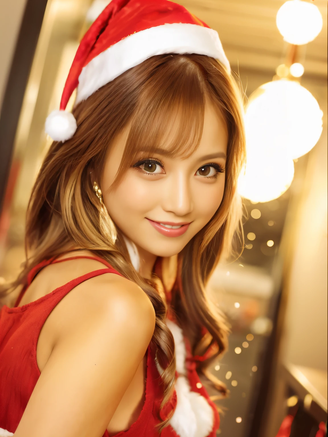 high-level image quality、detailed beautiful woman、(full body Esbian:1.3)、(Christmas atmosphere:1.3)、(1 persons:1.5)、frontage、A slight smil