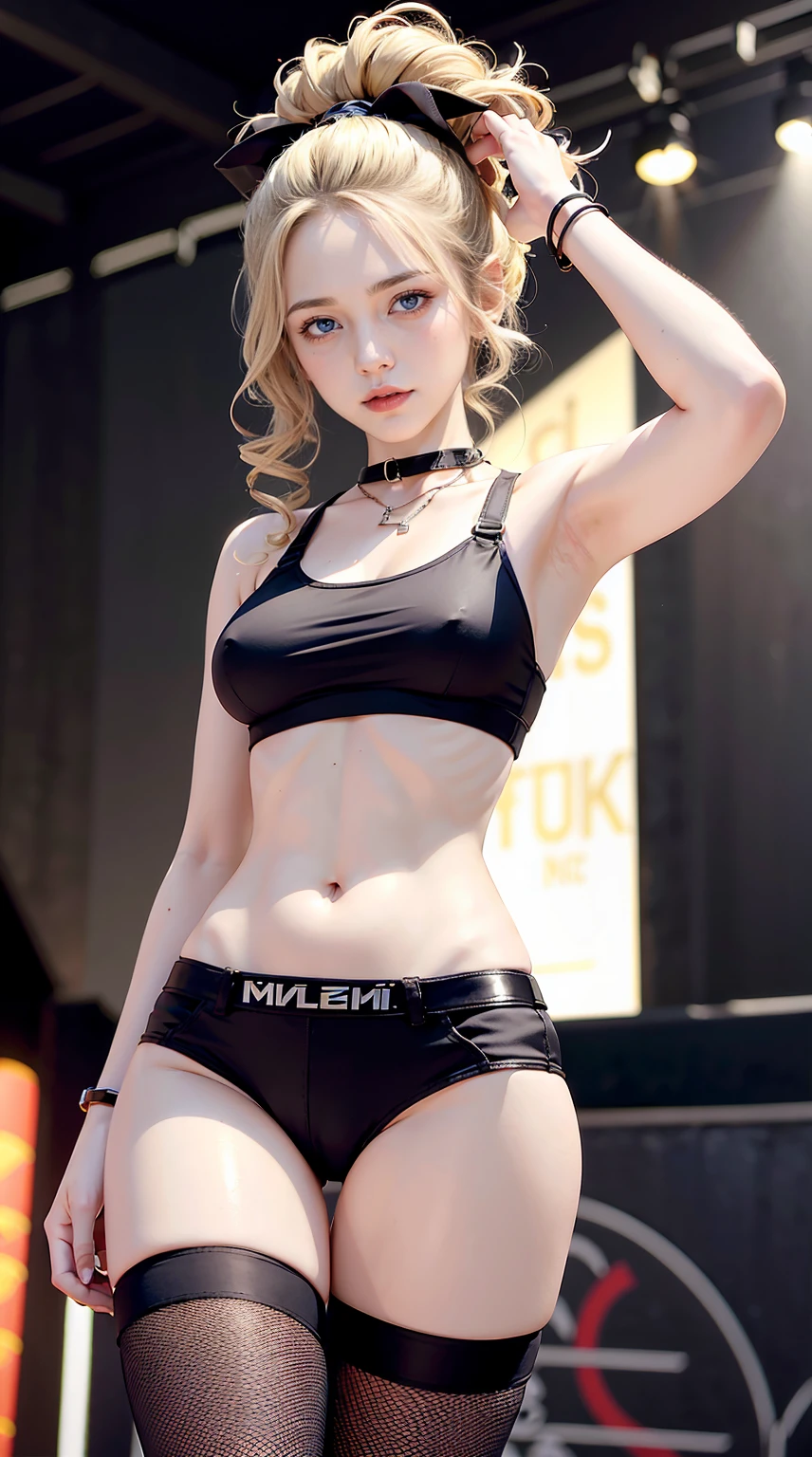 A 23-year-old white woman with unparalleled beauty.、blue eyess、dark blonde、hair is wavy、Longhaire、The ends of the hair are curled upwards、Singing passionately on stage at a music festival venue, dripping with sweat as he grips a microphone stand.、a smile、View from the front、She is wearing a black sports bra made by a sports manufacturer.、wearing a black choker、I&#39;m wearing hot pants made of jeans fabric with tight distressing.、The navel is out、My abs are cracked、Slender yet well-proportioned muscular body、sunlight is shining from above、I&#39;m punching my chest、I don&#39;t want my head to disappear from the screen.、The color of the jacket is random、I&#39;m wrapping my jacket around my waist、I'm pulling my hair up、Wearing accessories on your wrist、Only one leg is wearing thigh-high orange stockings.、wearing a baseball cap、Has a wristband on his wrist