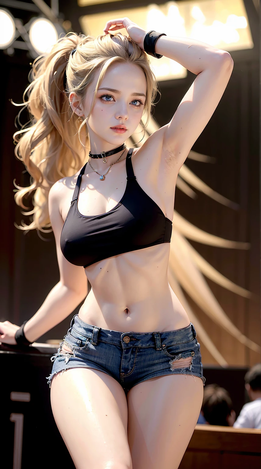 A 23-year-old white woman with unparalleled beauty.、blue eyess、dark blonde、hair is wavy、Longhaire、The ends of the hair are curled upwards、Singing passionately on stage at a music festival venue, dripping with sweat as he grips a microphone stand.、a smile、View from the front、She is wearing a black sports bra made by a sports manufacturer.、wearing a black choker、I'm wearing hot pants made of jeans fabric with tight distressing.、The navel is out、My abs are cracked、Slender yet well-proportioned muscular body、sunlight is shining from above、I'm punching my chest、I don't want my head to disappear from the screen.、The color of the jacket is random、I'm wrapping my jacket around my waist、I'm pulling my hair up、Wearing accessories on your wrist、Only one leg is wearing thigh-high orange stockings.、wearing a baseball cap、Has a wristband on his wrist