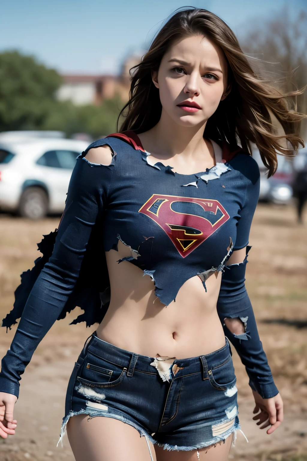 melissa Benoist, 8k, best quality, real image, intricate detail, ultra-detail, ultra-high resolution, depth field, (realistic, realistic: 1.2), masterpiece, photo 1girl, supergirl, injured, superhero, realistic, torn clothes, red kimono, (dirty, bruised, blood: 1.3), blue eyes, blonde, long hair, serious, angry, solo, (exposed torn clothes, torn clothes: 1.3), ruined city background, best quality, realistic, Realism, (complex details: 1.2), (fine details), (movie light), clear lines, sharp focus, realistic face, detailed beautiful face