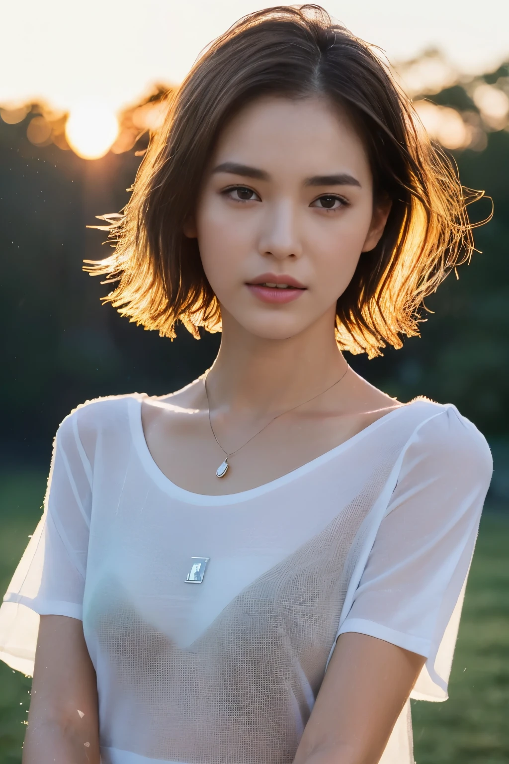((top-quality、8K、​masterpiece: 1.erfect Body Beauty: 1.4、Slender Abs: 1.2、Beautiful woman with slender abs:1.3、(Highlight Haircutreast B Cup:1.2), medium breast, round shape breast, perfect shape breast, ((( wear wet T-shirt, wide neck))) (((black strap on shoulder))), pubic hair,hight pubic bone,  necklace, hyperdetailed face、18year old、 Pretty women、(Dark brown short-cut hair), Slim Face、Highly detailed facial and skin texture、very detailed lips、opens legs、top-quality、​masterpiece、超A high resolution、(Photorealsitic:1.4), walked forward confidently, long shot , (outdoor), bright background, sunset light,