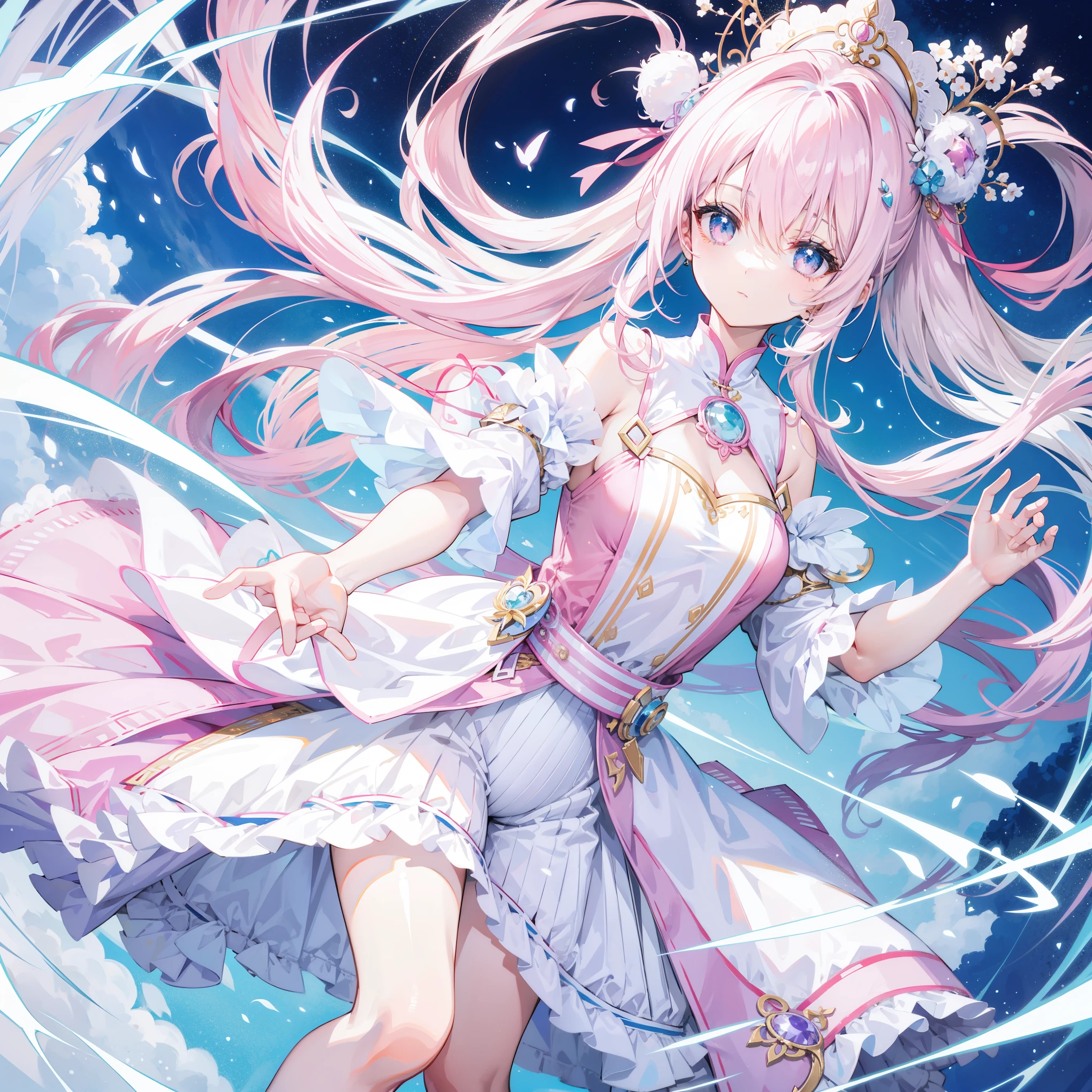 Long light pink and white hair,blue, White and pink clothes,She is a cute and lovely girl,Turn,Looks very light and gentle