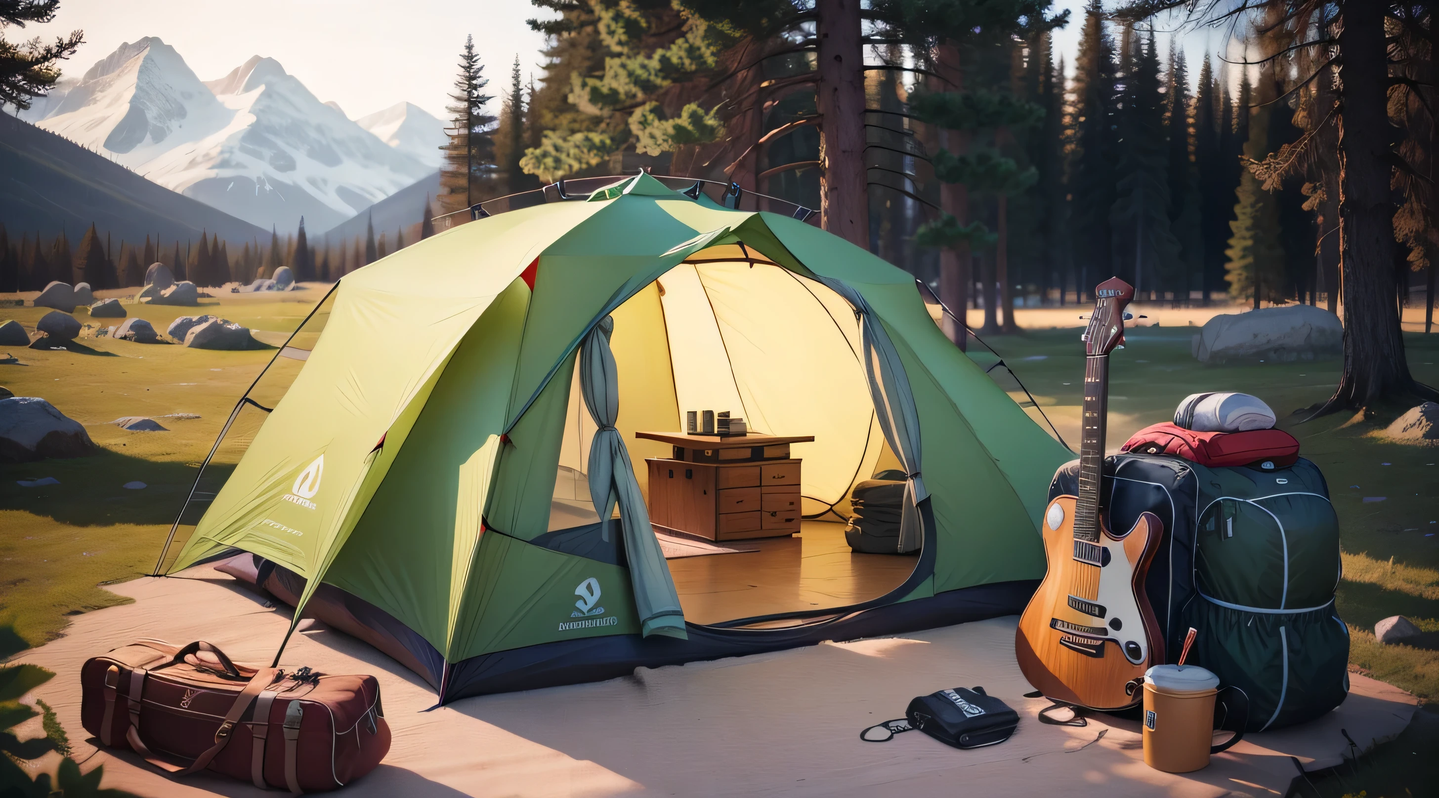 tent and backpack and guitar and campfire colioring page