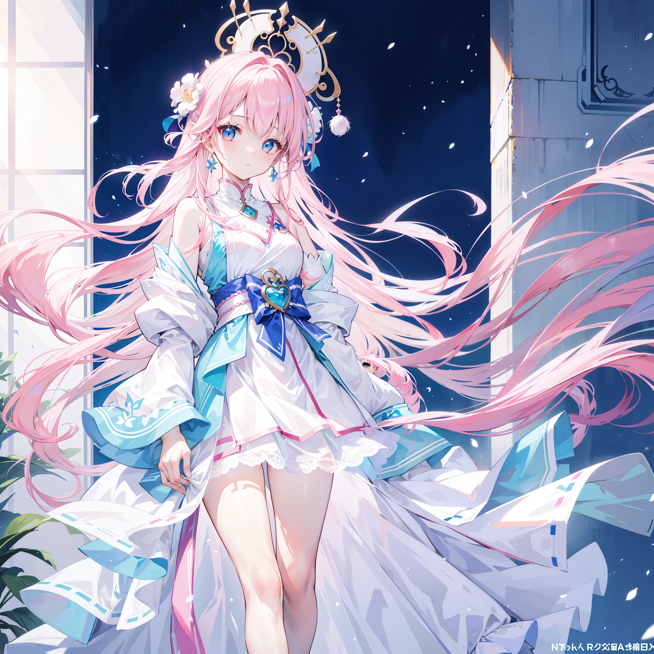 Long light pink and white hair,blue, White and pink clothes,She is a cute and lovely girl,Turn,Looks very light and gentle