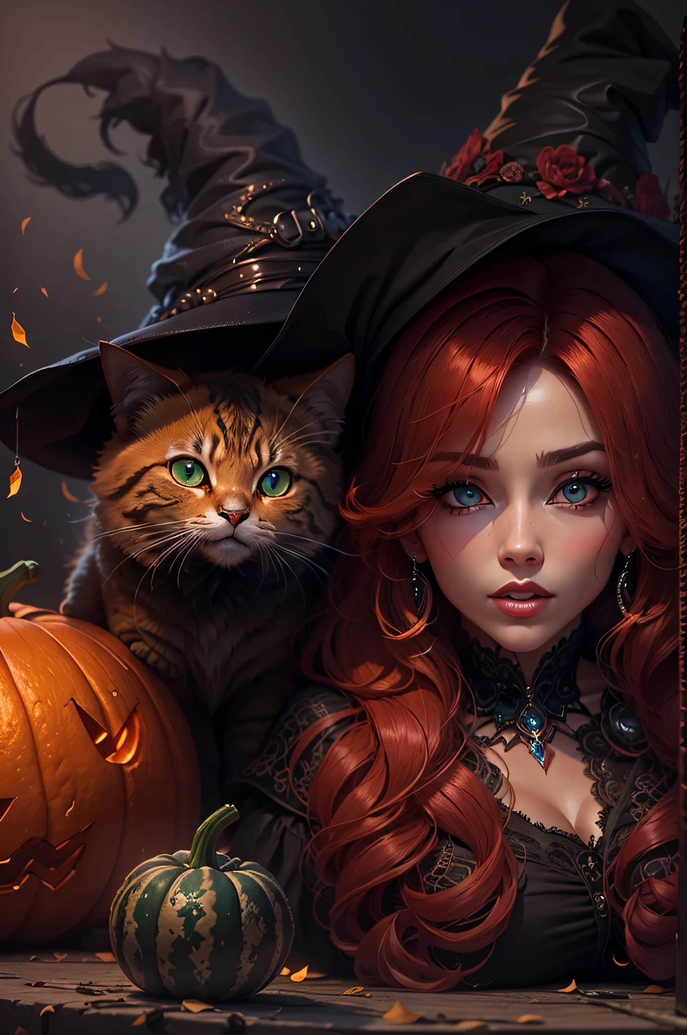 Jessica Rabbit, denoising of strength:1.32 Photorealistic, beautiful detailed dreamy eyes, detailed lips, red hair, Green eyes, perfectly detailed hands and fingers, ((Gorgeous seduces in a witch costume)), Witch's Hat, Huge breasts, Cat on the shoulder, pumpkin halloween atmosphere dark background and studio lighting, Yearbook Pose, Portrait of the character, depth of field