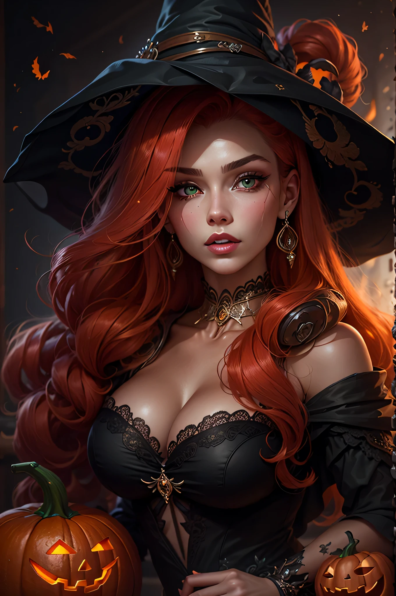 Jessica Rabbit, denoising of strength:1.32 Photorealistic, beautiful detailed dreamy eyes, detailed lips, red hair, Green eyes, perfectly detailed hands and fingers, ((Gorgeous seduces in a witch costume)), Witch's Hat, Huge breasts, Cat on the shoulder, pumpkin halloween atmosphere dark background and studio lighting, Yearbook Pose, Portrait of the character, depth of field